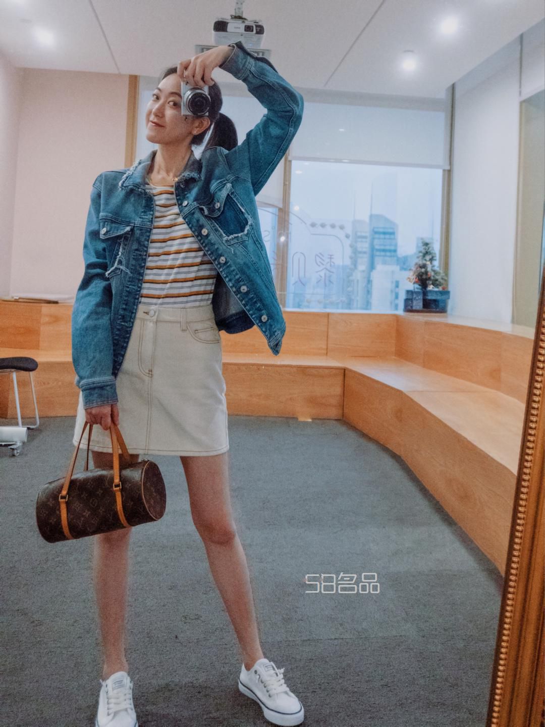 ootd,LV圓筒包+牛仔外套和牛仔短裙,lv褲腰帶價格